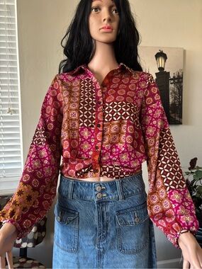 DREW Pink and Rust Patchwork Button-Down Shirt